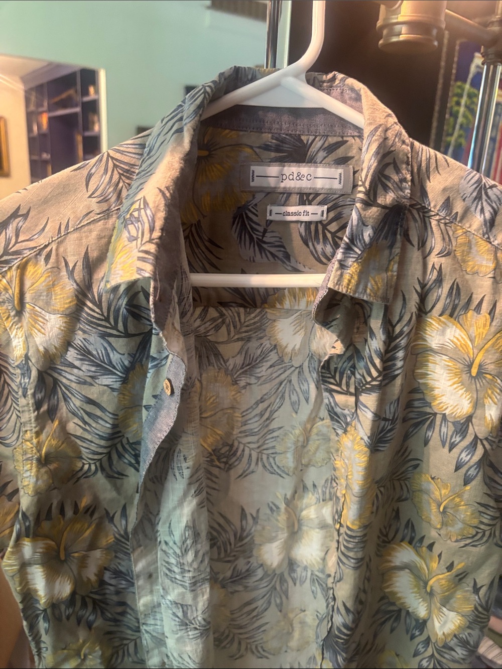 PD&C Tan Floral Button-Up SS Shirt with Yellow and Gray Print